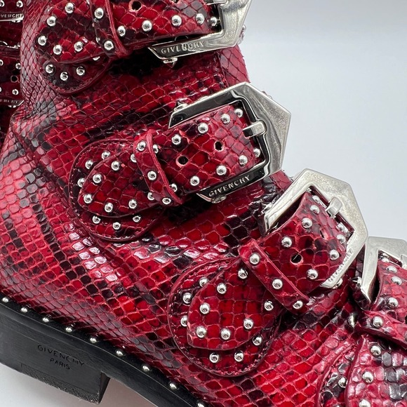 GIVENCHY Prue Ankle Boots Womens 35.5 Red Black Python Studded Buckle Bootie - Picture 11 of 12